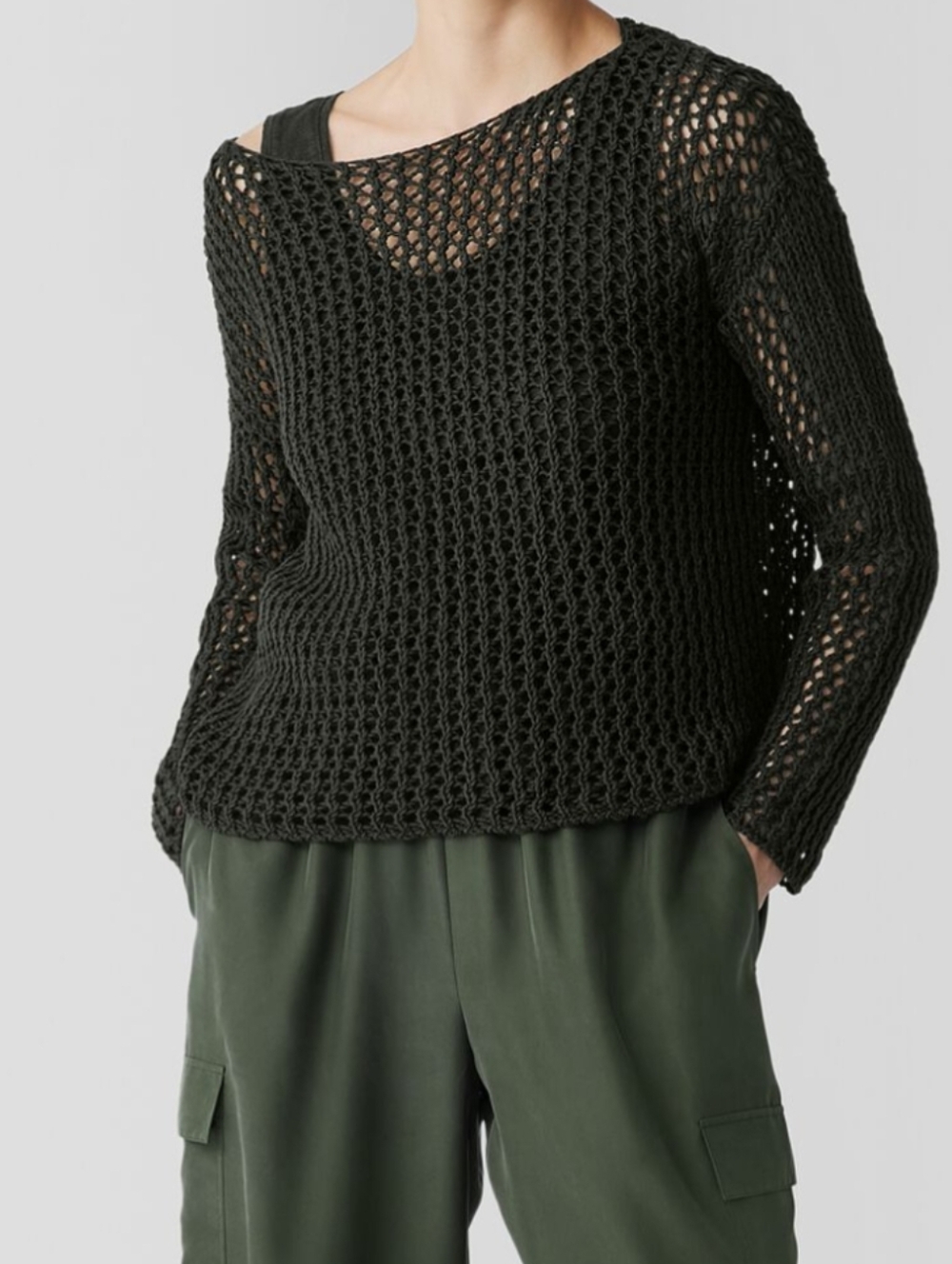 Eileen Fisher Ethical, Bateau Boatneck Seaweed Olive Green Open-Knit Sweater